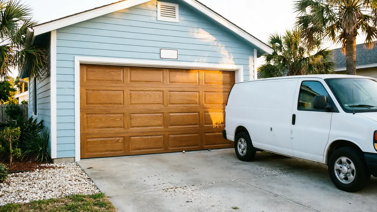 A light blue house with a brown garage door and a white van in the driveway.