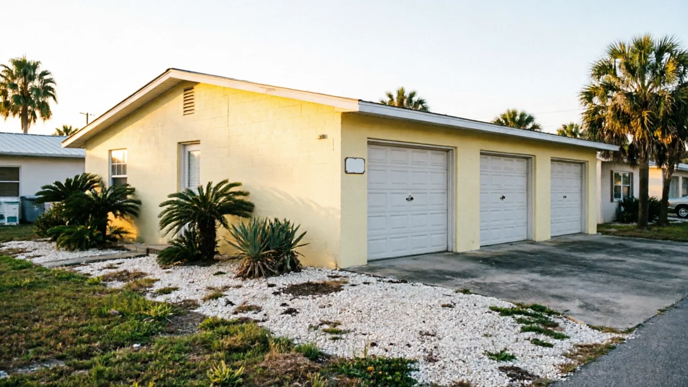 The yellow house has three white garage doors and a concrete driveway.