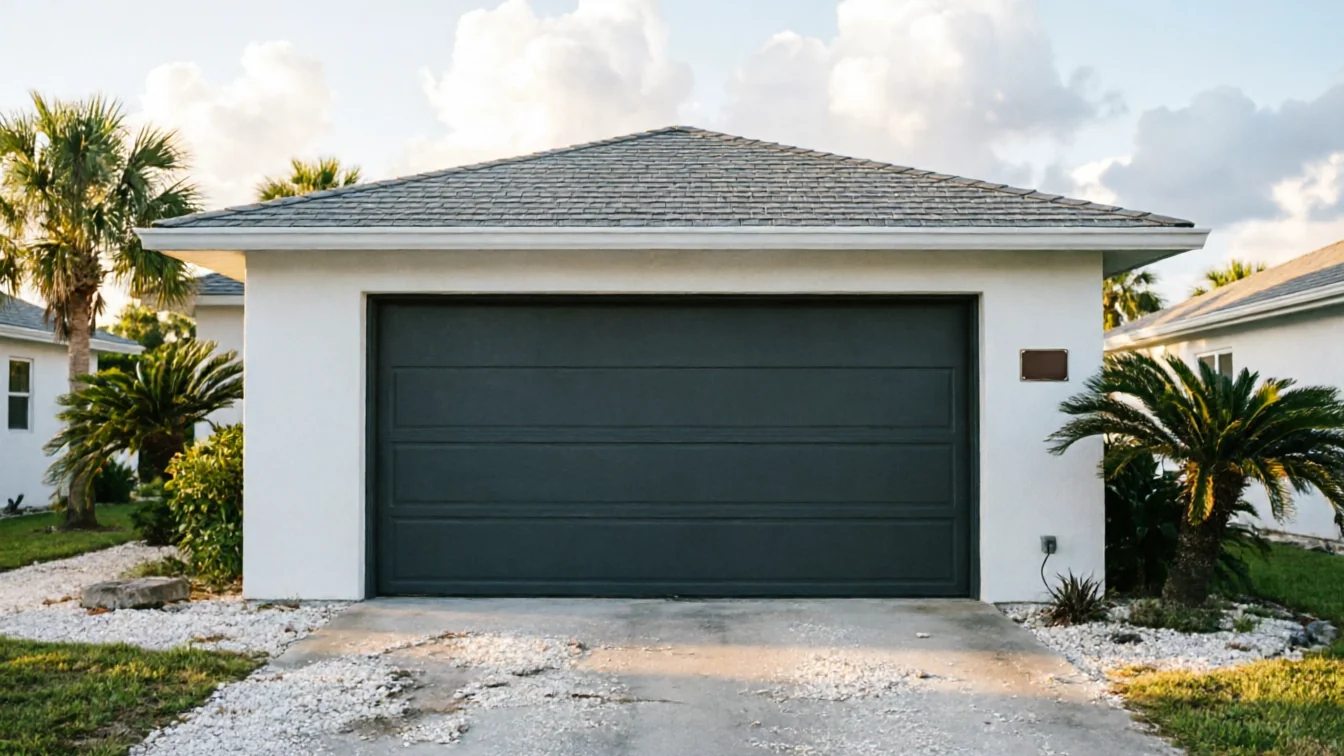 A dark gray garage door on a white house with palm trees.