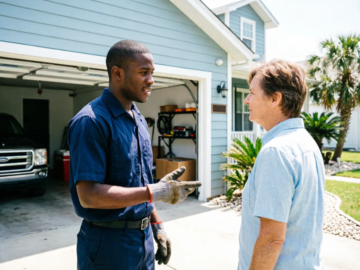 A technician in a blue uniform talks to a man in front of a garage.
