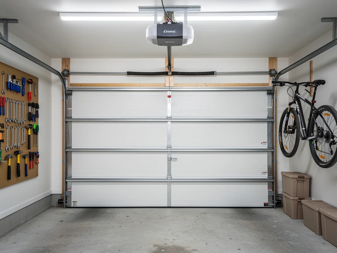 A white garage door is closed with an opener, springs, and tracks visible.