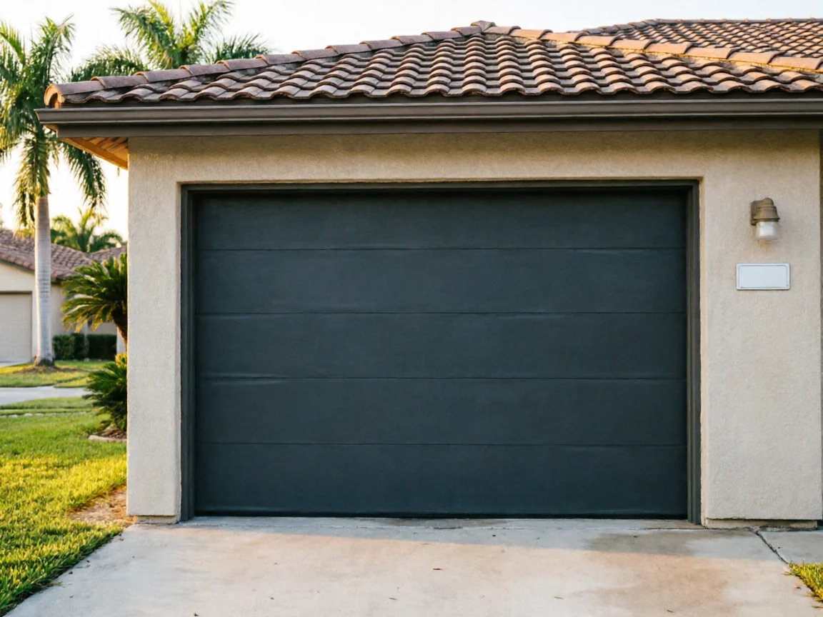 The garage door is dark gray with horizontal panels on a beige house.