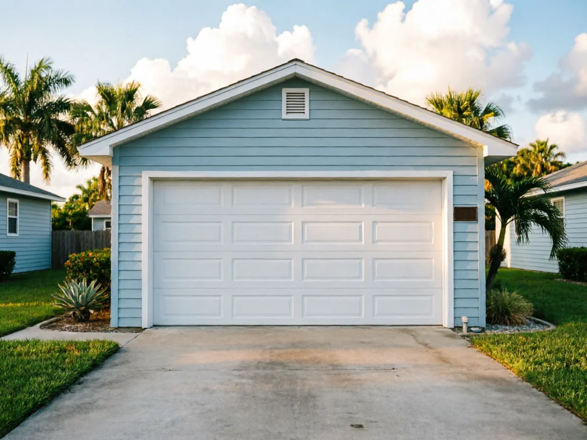 A white garage door on a light blue house with a concrete driveway.